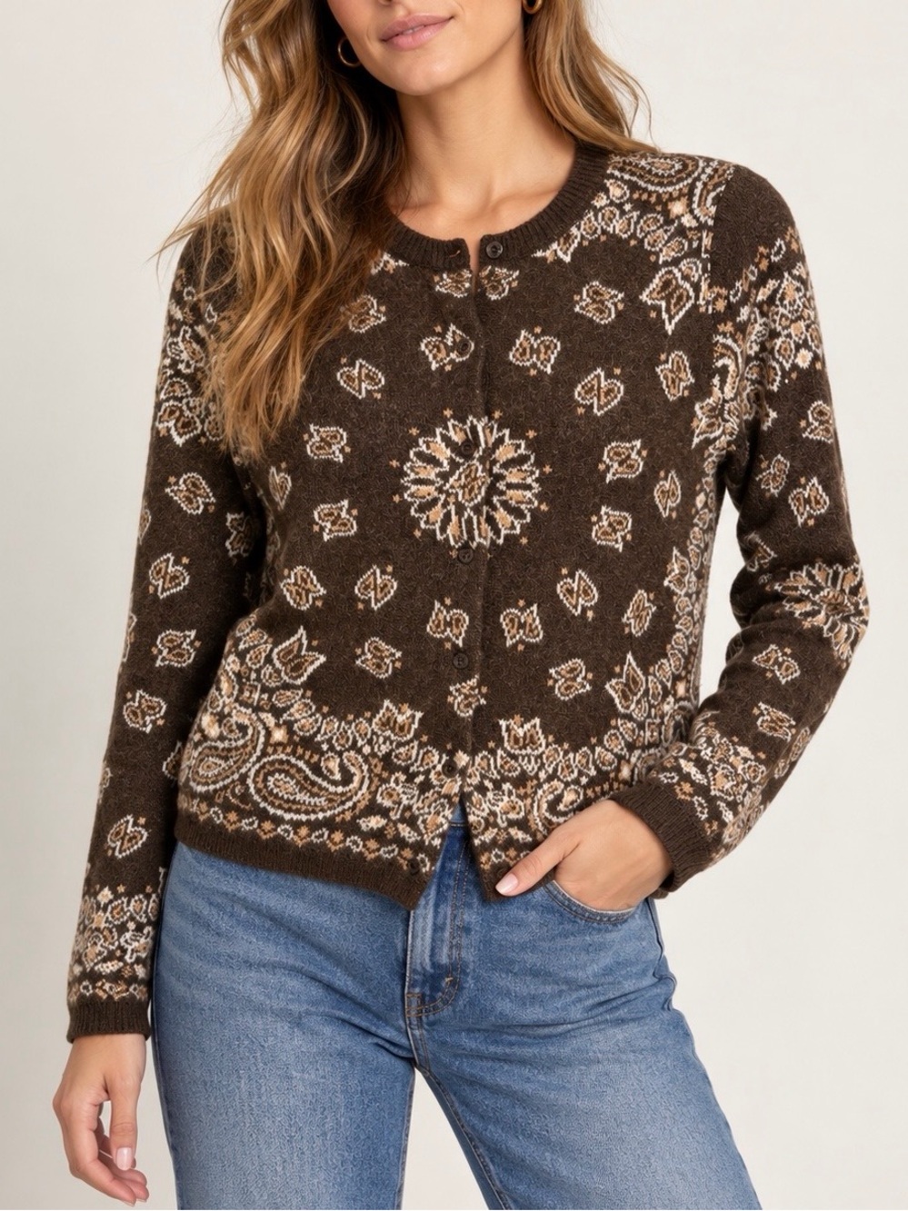 NWT: *Viral* Marled Bandana Cardigan Sweater, Brown, Size Small